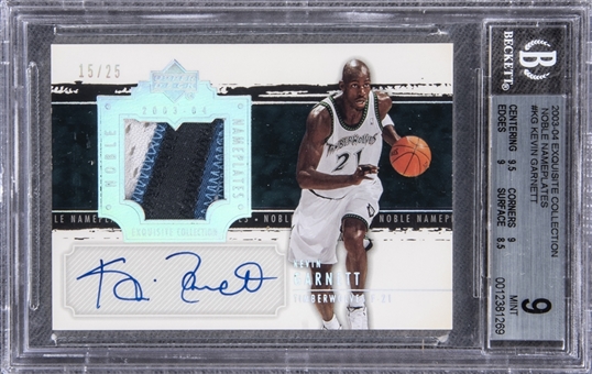 2003-04 UD "Exquisite Collection" Noble Nameplates #KG Kevin Garnett Signed Game Used Patch Card (#15/25) – BGS MINT 9/BGS 10